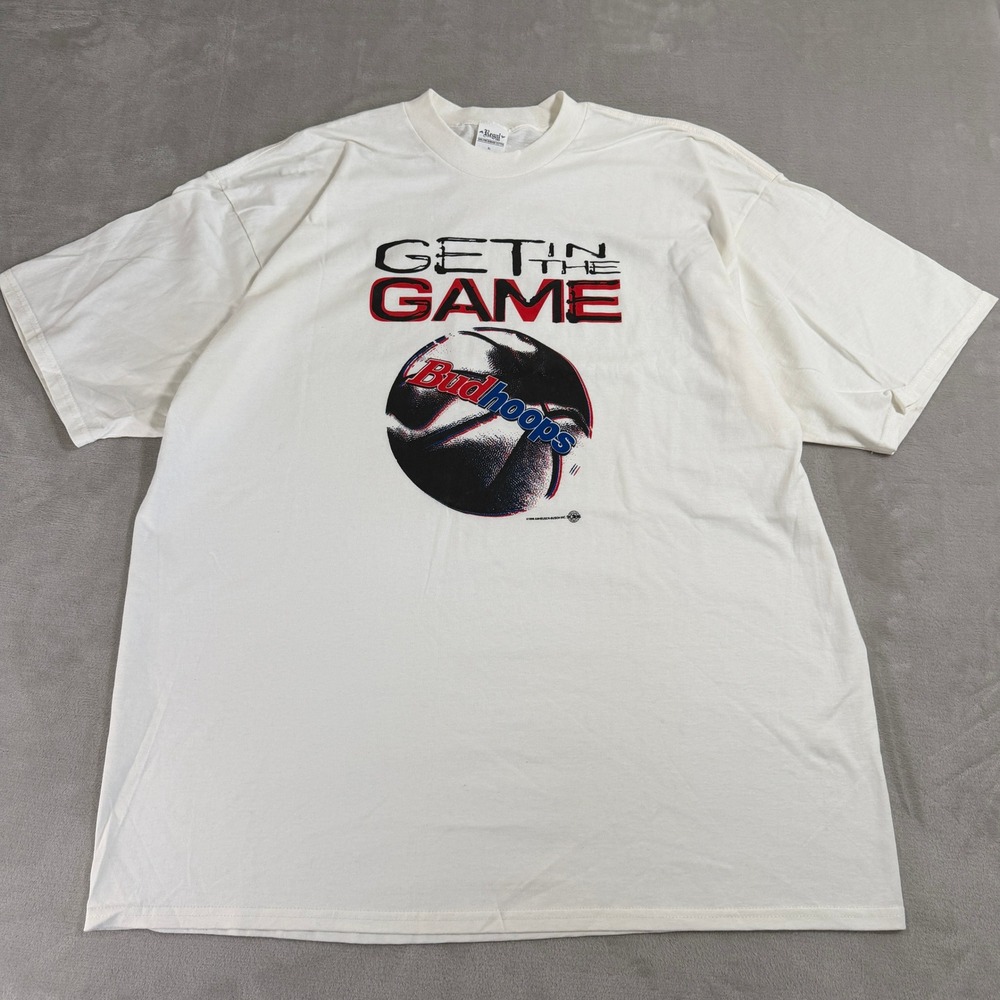 Vintage 1996 Budhoops Get In The Game T-Shirt Mens XL White Regal Made in USA